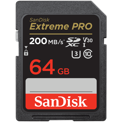 SanDisk Extreme PRO 64GB SDXC Memory Card + 2 years RescuePRO Deluxe up to 200MB/s & 90MB/s Read/Write speeds, UHS-I, Class 10, U3, V30, EAN: 619659188719