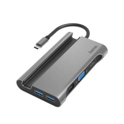 Bağlantı istasyonu 7'si 1 arada HAMA, 3 x USB-A 3.2, HDMI, VGA, Ethernet, USB-C (PD), Gri