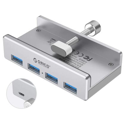 Orico хъб USB 3.0 HUB Clip Type 4 port - aux Micro-USB power input, Aluminum - MH4PU-P-SV