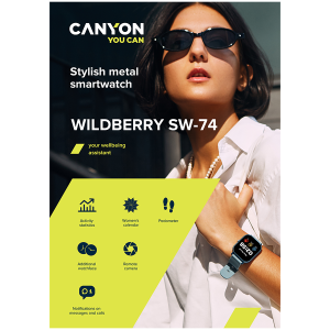 CANYON Wildberry SW-74, Smart watch, 1.3inches TFT full touch screen, Zinic+plastic body, IP67 waterproof, multi-sport mode, compatibility with iOS and android, black body with black silicon belt, Host: 43*37*9mm, Strap: 230x20mm, 45g