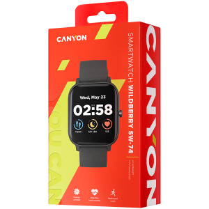 CANYON Wildberry SW-74, Smart watch, 1.3inches TFT full touch screen, Zinic+plastic body, IP67 waterproof, multi-sport mode, compatibility with iOS and android, black body with black silicon belt, Host: 43*37*9mm, Strap: 230x20mm, 45g