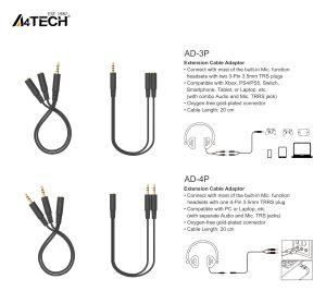 A4Tech Адаптер AD-3P 3.5mm жак мъжко - 2 х 3.5mm жак женско