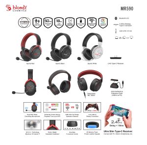 A4tech Bloody MR-590 Gaming wireless headphones with microphone, Bluetooth 3.5mm jack, white
