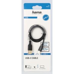 Cablu Hama Flexi-Slim USB-C - USB-A 2.0 tată, 0,75 m, subțire, placat cu aur, negru
