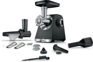 Месомелачка Bosch MFWS650B, SER6, Meat mincer - MultiPower 2100 W, Planetary gearbox, 3,5 kg/min, kebbe attachment, sausage attachment, fruit press attachment, reverse function, Black