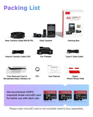 VIOFO Dash Cam A229 Pro 3 Channel - 4K, HDR, Dual Sony STARVIS 2, GPS, Bluetooth