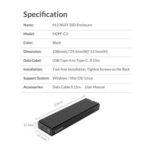 Orico Storage - Case - M.2 SATA B-key 5 Gbps - M2PF-C3-BK-BP