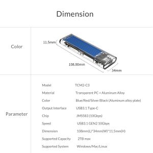 Orico Storage - Case - M.2 NVMe M key - USB3.1 Type-C - TCM2-C3-BL