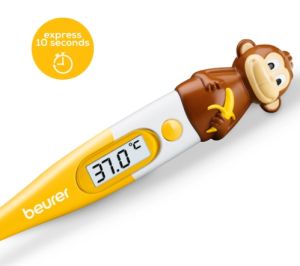 Termometru Termometru clinic Beurer BY 11 Monkey, Tehnologie de măsurare prin contact, alarmă de temperatură de la 37,8 C°, Afișare în C° și F°, Vârf de măsurare flexibil; Capac de protecție; Vârf și afișaj rezistent la apă