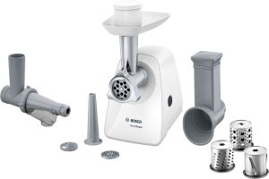 Месомелачка Bosch MFW2517W Meat mincer SmartPower; 350W - 1500W; Discs: 3.8/ 8 mm, Sausage attachment; Shredding nozzle, 3 tanks; Fruit pressing attachment; Out: 1.7kg/min; White 