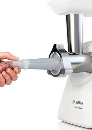 Месомелачка Bosch MFW2520W, Meat mincer SmartPower; 350W - 1500W; Discs: 3.8/ 8 mm; Sausage attachment; Attachment for kibbutz / meatballs; Out: 1.7kg/min; White