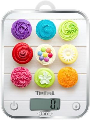Scale Tefal BC5122V1 Optiss Delicious Cupcakes, ultra slim glass, 5 kg / 1g/ml graduation, tare, liquid function, 2 batteries LR03 AAA included, new markings on product