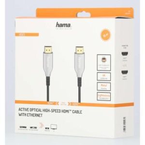 Оптичен активен кабел HAMA Optical, HDMI мъжко - HDMI мъжко, Ethernet, 18 Gbit/s, 15м, Позл.конектори, Черен
