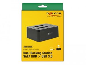 Външна докинг станция Delock 62661, за 2.5"/3.5" HDD/SSD, USB 3.0, Функция за клониране, Черен