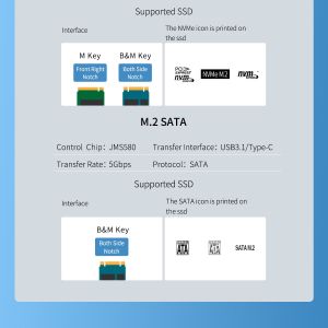Cutie externă Orico pentru stocare pe disc - Carcasă - Cheie M.2 NVMe/SATA M/B - USB3.1 Type-C Gen.2 10Gbps, Albastru - TCM2M-C3