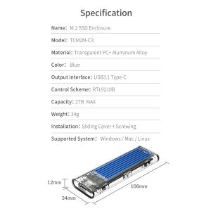 Orico външна кутия за диск Storage - Case - M.2 NVMe/SATA M/B key - USB3.1 Type-C Gen.2 10Gbps, Blue - TCM2M-C3