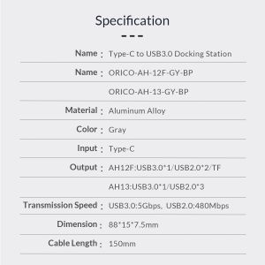 Orico hub USB3.0/2.0 HUB 4 porturi - intrare tip C - AH-13-GY