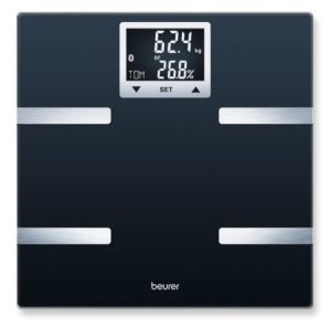 Scale Beurer BF 720 BT diagnostic bathroom scale in black, Weight, body fat, body water, muscle percentage, bone mass, AMR/BMR calorie display; BMI calculation; Black LCD display; white illumination with display of user's initials; Bluetooth; 180 kg / 100