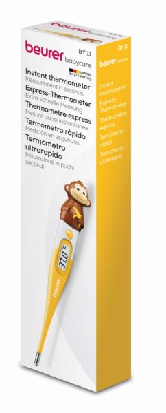 Термометър Beurer BY 11 Monkey clinical thermometer, Contact-measurement technology,temperature alarm as from 37.8 C°, Display in C° and F°,Flexible measuring tip;Protective cap; Waterproof tip and display