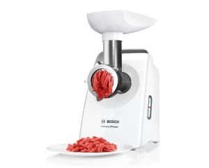 Месомелачка Bosch MFW3X15B, Meat mincer, CompactPower 2000 W, 2,5 kg/min, Fruit press, Sausage attachment, Reverse function, White, black