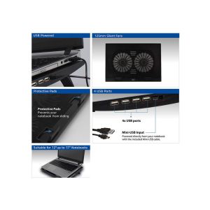 Cooler pentru laptop ACT, până la 17", cu două ventilatoare, hub USB, negru