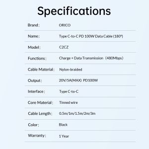Cablu Orico Cablu USB C-la-C PD 100W Încărcare 1,5 m Negru - C2CZ-BK-15