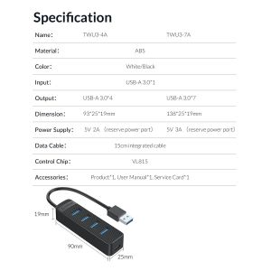 Orico USB3.0 HUB 4 port - Type C input, 0.15m cable, aux Type-C power input - TWU3-4A-BK