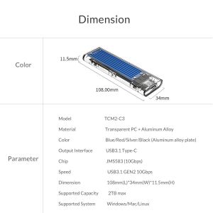 Orico Storage - Case - M.2 NVMe M key - USB3.1 Type-C - TCM2-C3-BK