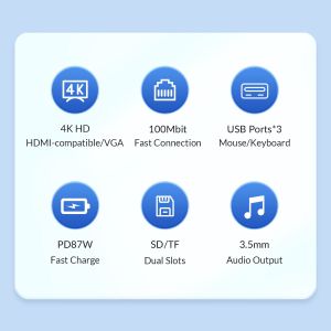 Stație de andocare Orico Stație de andocare Type-C Power Distribution 3.0 87W - HDMI, Type-C x 1, USB3.0 x 1, USB 2.0 x 2, LAN, SD, VGA, Audio - MDK-10P-BK