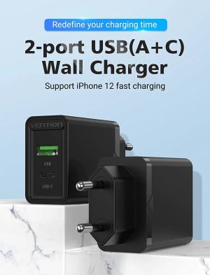 Vention Fast Charger Wall - QC4.0, PD Type-C + QC3.0 USB A, 20W Black - FBBB0