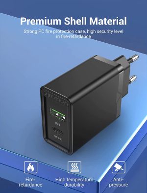 Vention бързо зарядно Fast Charger Wall - QC4.0, PD Type-C + QC3.0 USB A, 20W Black - FBBB0
