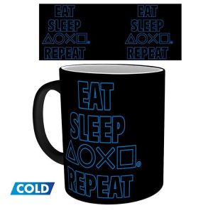 Чаша ABYSTYLE PLAYSTATION Mug Heat Change Eat Sleep Repeat, Сменящ се цвят, Черен