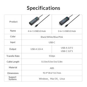 Orico HUB USB3.1 3 port - 2 x USB3.0, 1 x Type C, Black - PWC2U-C3-015-BK