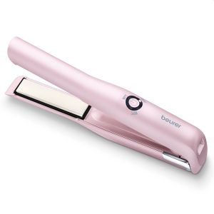 Press Beurer HS 20 cordless hair straightener, Battery operation ,cordless, Ceramic and tourmaline-coated hot plates, 3 temperature settings from 160°C to 200°C, LED display, Cordless operation for 20 minutes, Lithium-ion battery, Plate locking system