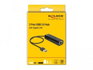 Hub USB Delock, 3 x USB 3.0 + 1 port LAN Gigabit, negru