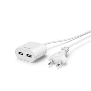Hama USB Power Supply Unit with 1.9 m Long Cable, 2.4 A, 2x USB-A, white