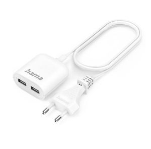 Hama USB Power Supply Unit with 1.9 m Long Cable, 2.4 A, 2x USB-A, white