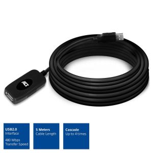 Cablu ACT AC6005, USB-A tată - mamă, 5,0 m, 480 Mbps, negru