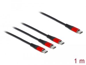 Cablu de încărcare Delock 3 în 1, USB-C - 3 x USB-C, 1 m, negru/roșu