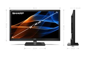 Television Sharp 24EA3E, 24" LED HD TV 1366x768, 100,000:1, DVB-T/T2/C/S/S2, Active Motion 100, Speaker 2x5W (4 ohm), Dolby Digital, 2xHDMI, SCART, 3.5mm Headphone jack / line-out, USB, Bluetooth, Hotel Mode, Stand