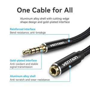 Cablu audio Vention împletit din bumbac TRRS 3,5 mm tată la 3,5 mm F - 1 m - placat cu aur, aliaj de aluminiu - BHCBF
