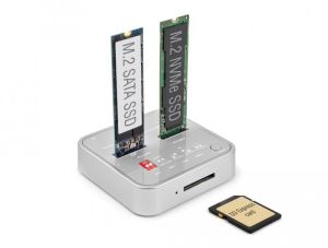 Stație de andocare Delock, 1 x SSD M.2 NVMe + 1 x SSD M.2 SATA, cititor de carduri SD Express, clonare