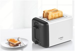 Pâine de pâine Bosch TAT3P421, Pâine de pâine compact, DesignLine, 820-970 W, Oprire automată, Setare de dezghețare și încălzire, Ridicare mare, Alb