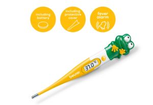 Термометър Beurer BY 11 Frog clinical thermometer, Contact-measurement technology, temperature alarm as from 37.8 C°, Display in C° and F°, Flexible measuring tip; Protective cap; Waterproof tip and display