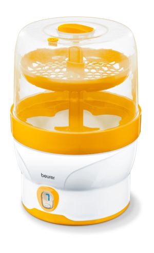 Sterilizer Beurer BY 76 steam steriliser; Disinfects up to 6 bottles and accessories in 7 minutes; LED display, tongs, removable bottle grid, measuring jug