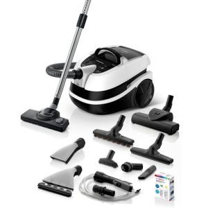 Перяща прахосмукачка Bosch BWD421PRO, 3in1 vacuum cleaner for dry and wet cleaning, 2,5 lt dust container, 2100 W, HEPA H13, 12 m radius, liquid pick-up nozzles, parquet brush, turbo brush, water tank: 5 l, white-black-silver