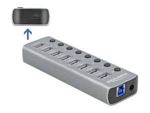 Delock USB хъб, 7 порта + 1 порт за бързо зареждане + 1 USB-C™ PD 3.0 порт, Подсветка, Сив