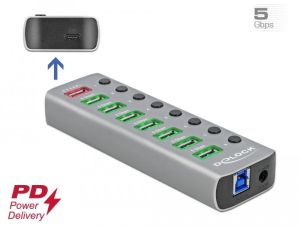 Delock USB Hub with 7 Ports + 1 Fast Charging Port + 1 USB-C™ PD 3.0 Port with Switch and Illumination