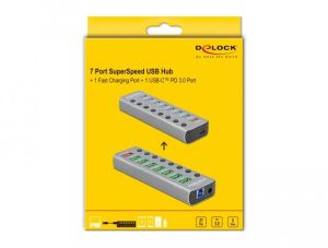 Delock USB хъб, 7 порта + 1 порт за бързо зареждане + 1 USB-C™ PD 3.0 порт, Подсветка, Сив