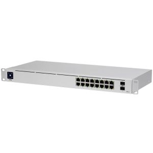 Ubiquiti USW-16-PoE 16-port Layer 2 PoE switch, 8 x GbE PoE+, 8 x GbE ports, 2 x 1G SFP ports, 42W total PoE Power, fanless, silent cooling, ESD/EMP protection, 1.3" touchscreen LCM display , Rackmount (Kit included)